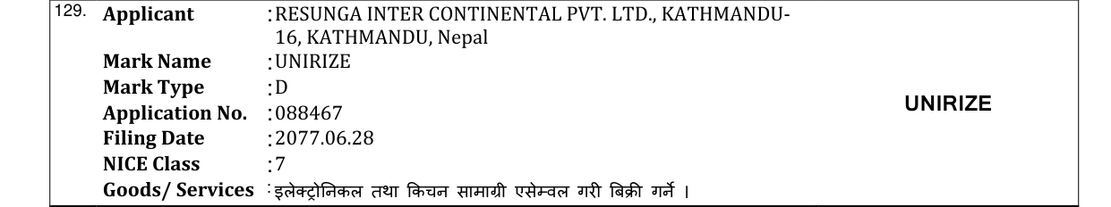 Original bulletin entry for UNIRIZE