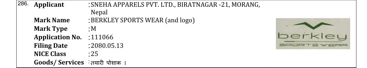 Original bulletin entry for BERKLEY SPORTS WEAR (and logo)