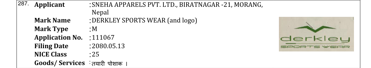 Original bulletin entry for DERKLEY SPORTS WEAR (and logo)