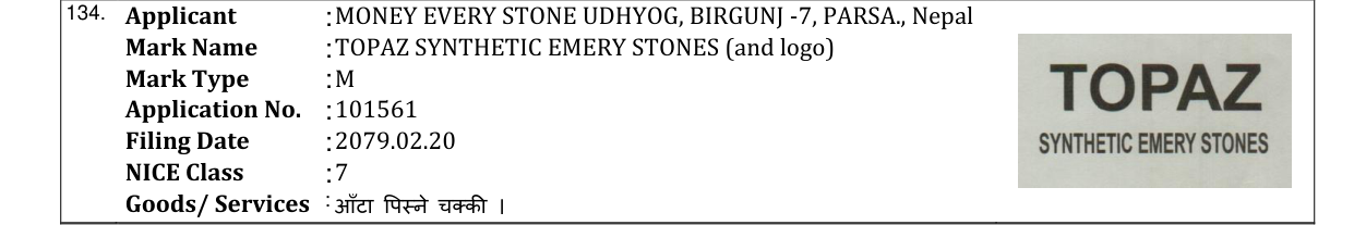 Original bulletin entry for TOPAZ SYNTHETIC EMERY STONES (and logo)