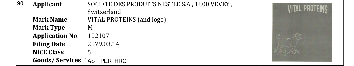 Original bulletin entry for VITAL PROTEINS (and logo)