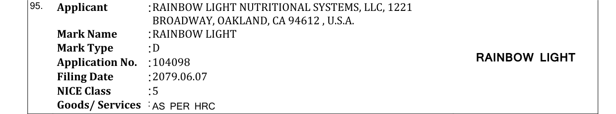 Original bulletin entry for RAINBOW LIGHT
