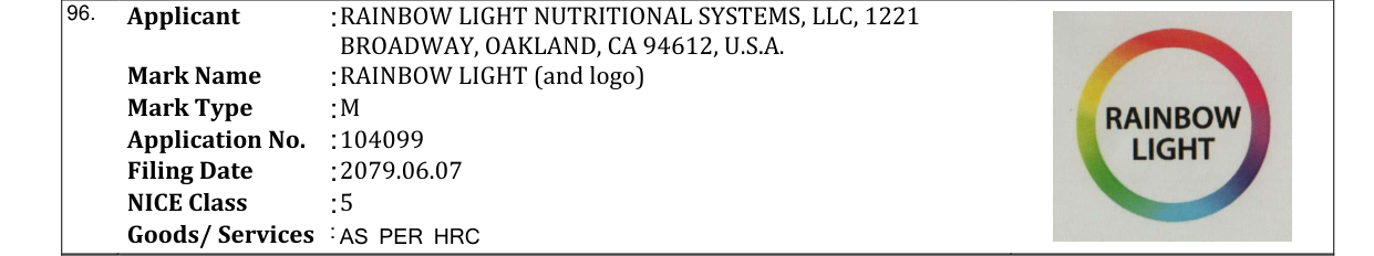 Original bulletin entry for RAINBOW LIGHT (and logo)
