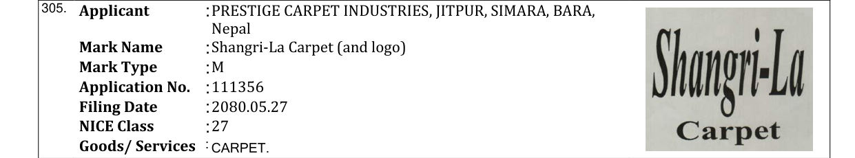 Original bulletin entry for Shangri-La Carpet (and logo)