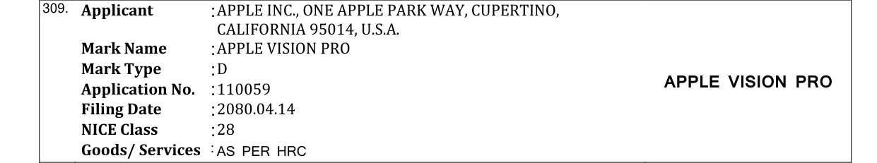 Original bulletin entry for APPLE VISION PRO
