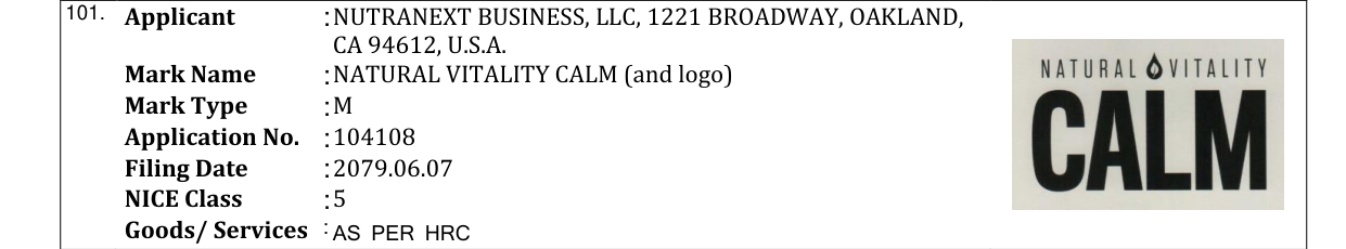 Original bulletin entry for NATURAL VITALITY CALM (and logo)