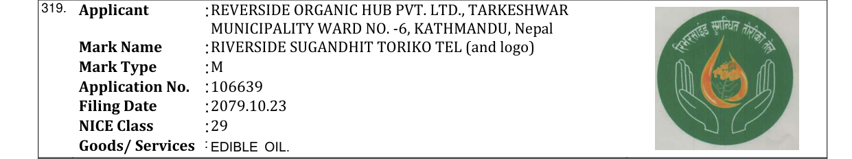 Original bulletin entry for RIVERSIDE SUGANDHIT TORIKO TEL (and logo)