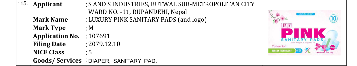 Original bulletin entry for LUXURY PINK SANITARY PADS (and logo)