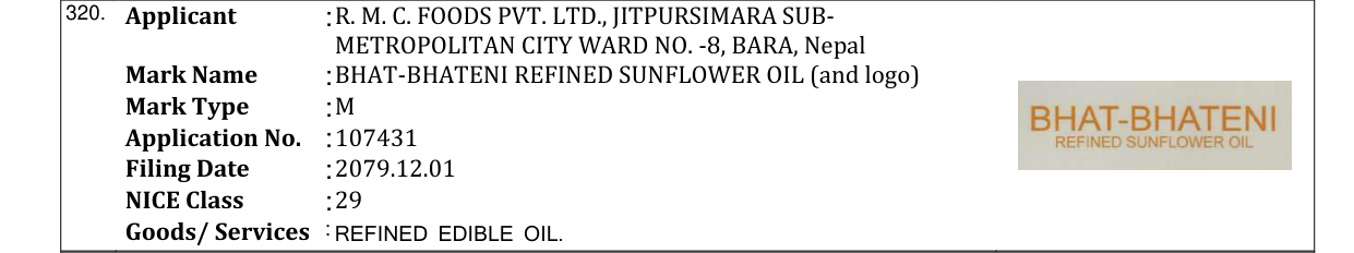 Original bulletin entry for BHAT-BHATENI REFINED SUNFLOWER OIL (and logo)
