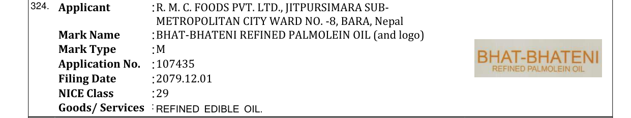 Original bulletin entry for BHAT-BHATENI REFINED PALMOLEIN OIL (and logo)