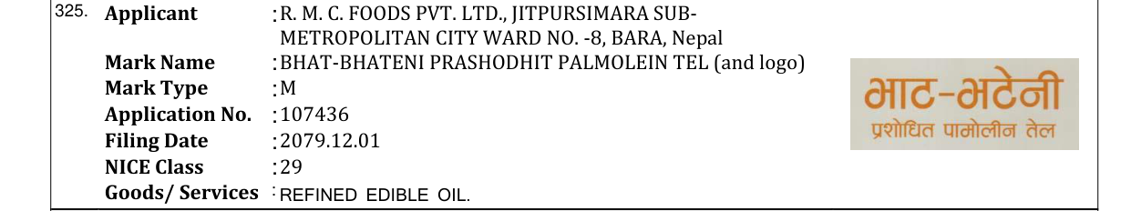 Original bulletin entry for BHAT-BHATENI PRASHODHIT PALMOLEIN TEL (and logo)