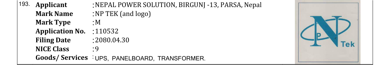 Original bulletin entry for NP TEK (and logo)