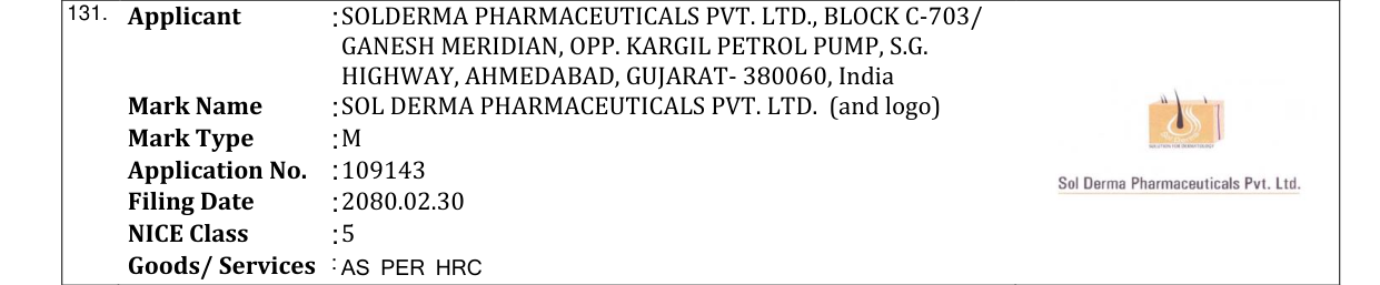 Original bulletin entry for SOL DERMA PHARMACEUTICALS PVT. LTD. (and logo)