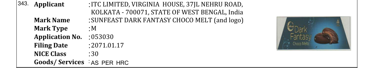 Original bulletin entry for SUNFEAST DARK FANTASY CHOCO MELT (and logo)