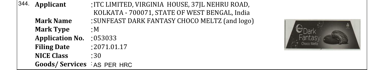 Original bulletin entry for SUNFEAST DARK FANTASY CHOCO MELTZ (and logo)