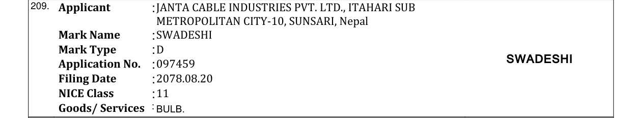 Original bulletin entry for SWADESHI