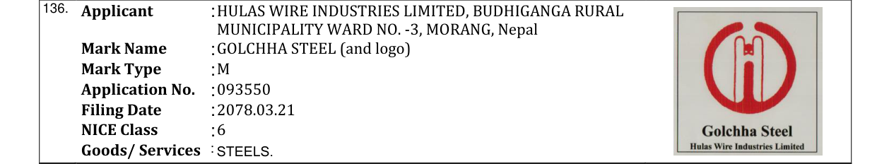 Original bulletin entry for GOLCHHA STEEL (and logo)