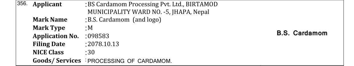 Original bulletin entry for B.S. Cardamom (and logo)