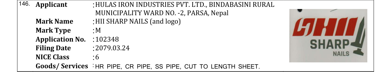 Original bulletin entry for HII SHARP NAILS (and logo)