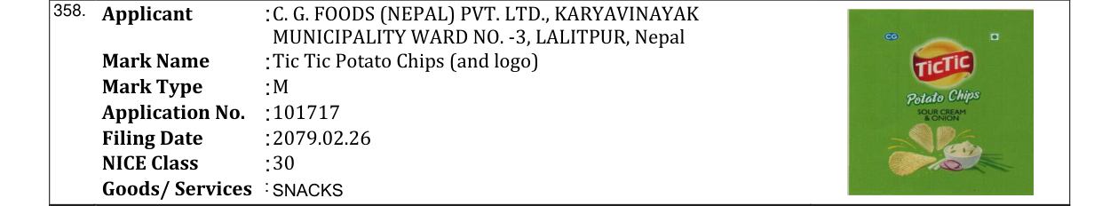 Original bulletin entry for Tic Tic Potato Chips (and logo)