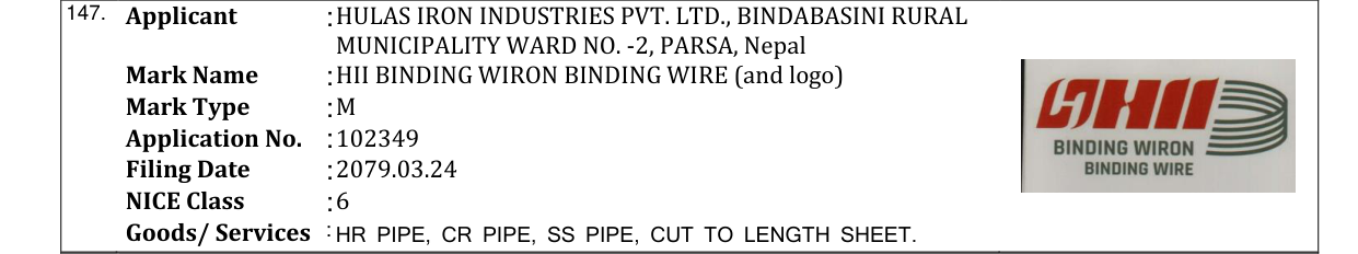 Original bulletin entry for HII BINDING WIRON BINDING WIRE (and logo)