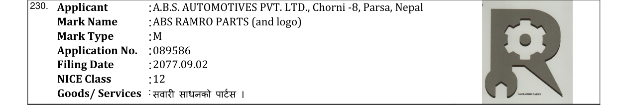 Original bulletin entry for ABS RAMRO PARTS (and logo)