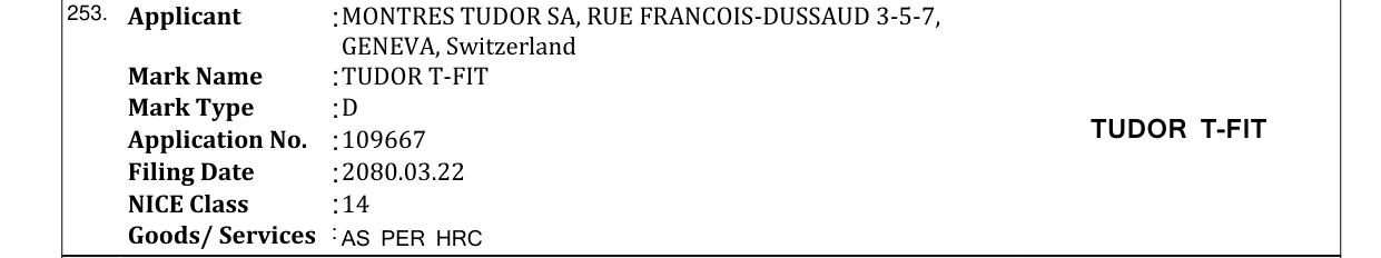 Original bulletin entry for TUDOR T-FIT