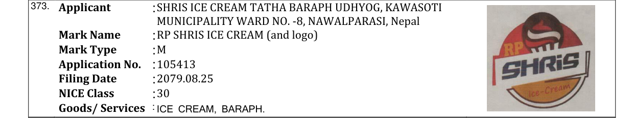 Original bulletin entry for RP SHRIS ICE CREAM (and logo)