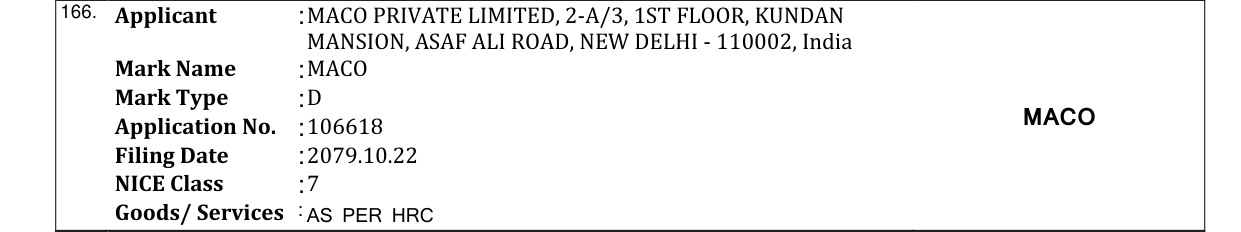 Original bulletin entry for MACO