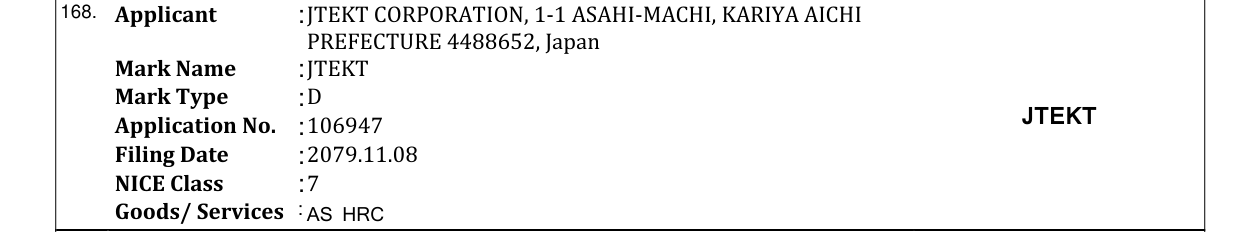 Original bulletin entry for JTEKT