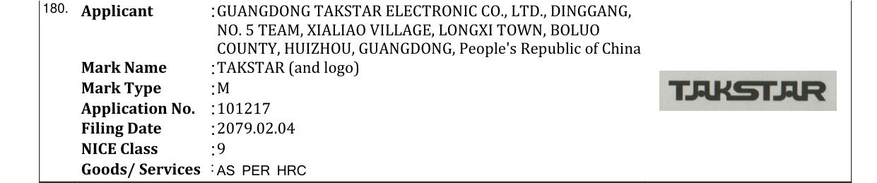 Original bulletin entry for TAKSTAR (and logo)