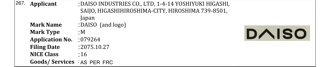 Original bulletin entry for DAISO (and logo)