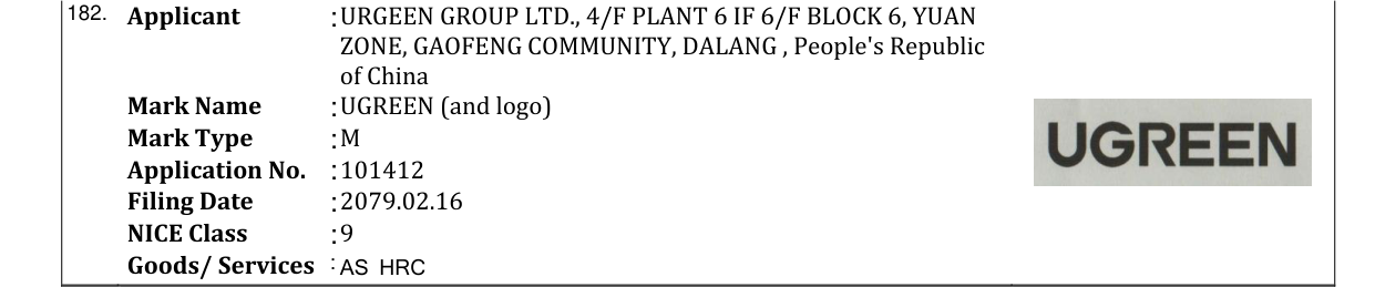 Original bulletin entry for UGREEN (and logo)