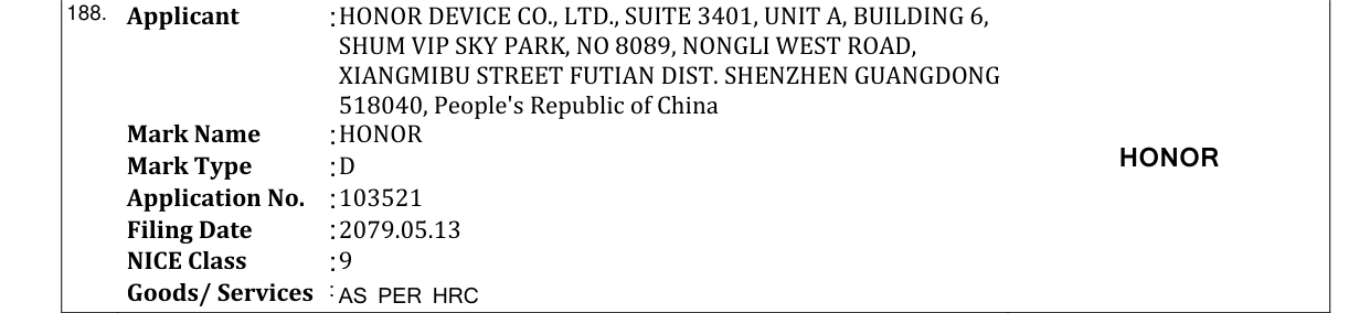 Original bulletin entry for HONOR
