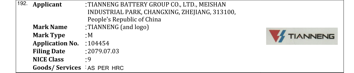 Original bulletin entry for TIANNENG (and logo)