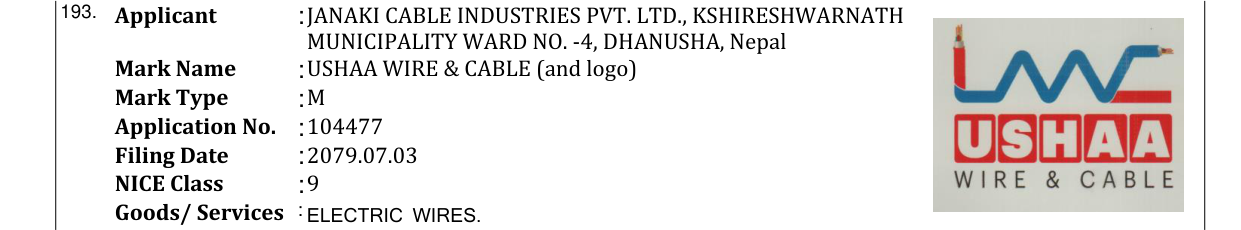 Original bulletin entry for USHAA WIRE & CABLE (and logo)