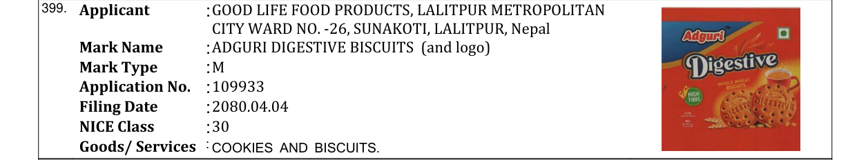 Original bulletin entry for ADGURI DIGESTIVE BISCUITS (and logo)