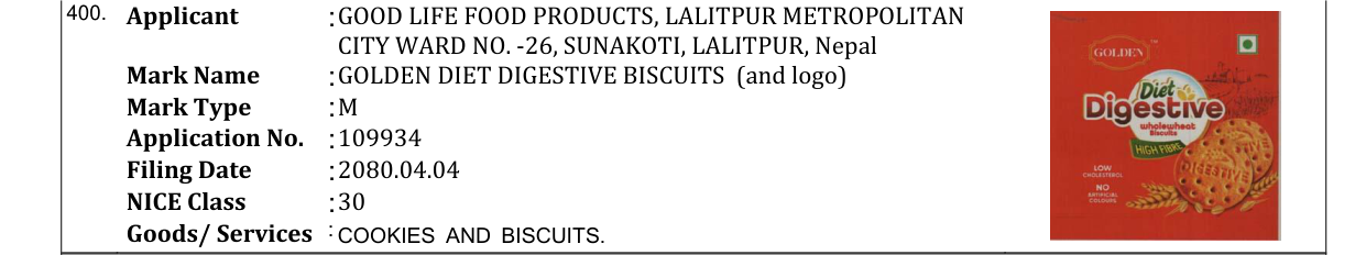 Original bulletin entry for GOLDEN DIET DIGESTIVE BISCUITS (and logo)