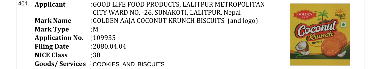Original bulletin entry for GOLDEN AAJA COCONUT KRUNCH BISCUITS (and logo)