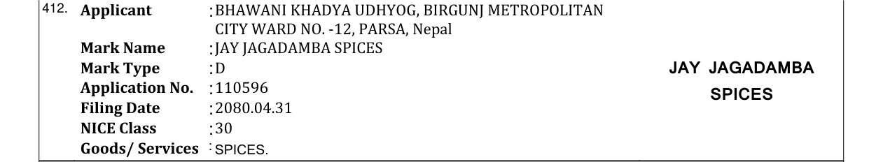 Original bulletin entry for JAY JAGADAMBA SPICES