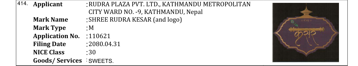Original bulletin entry for SHREE RUDRA KESAR (and logo)