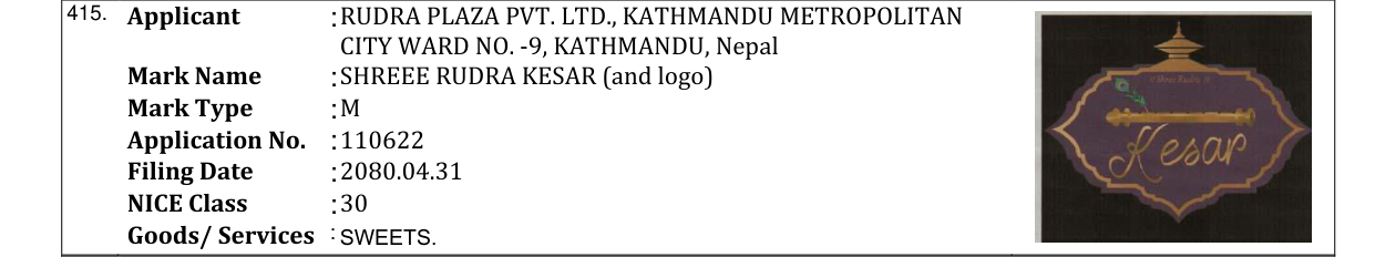 Original bulletin entry for SHREEE RUDRA KESAR (and logo)