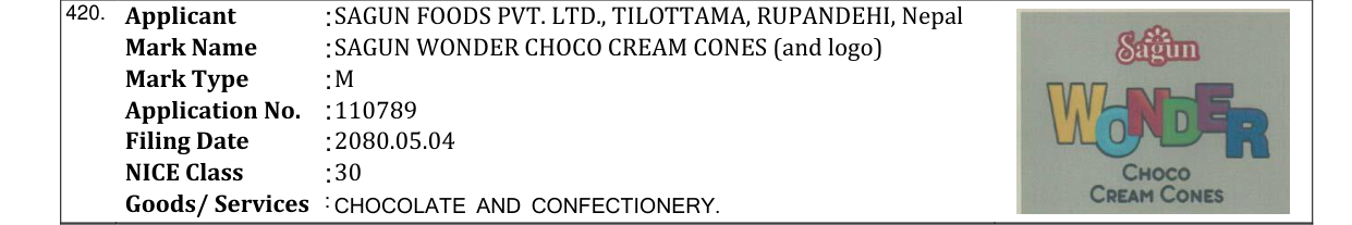 Original bulletin entry for SAGUN WONDER CHOCO CREAM CONES (and logo)