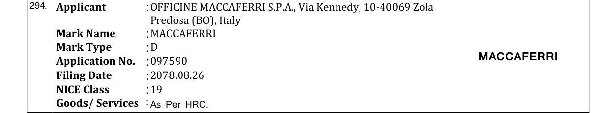 Original bulletin entry for MACCAFERRI