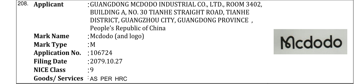 Original bulletin entry for Mcdodo (and logo)