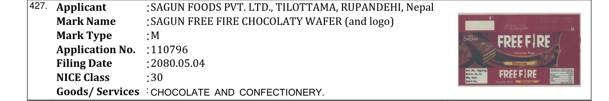 Original bulletin entry for SAGUN FREE FIRE CHOCOLATY WAFER (and logo)