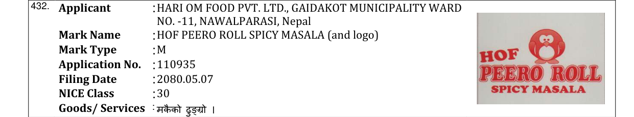 Original bulletin entry for HOF PEERO ROLL SPICY MASALA (and logo)