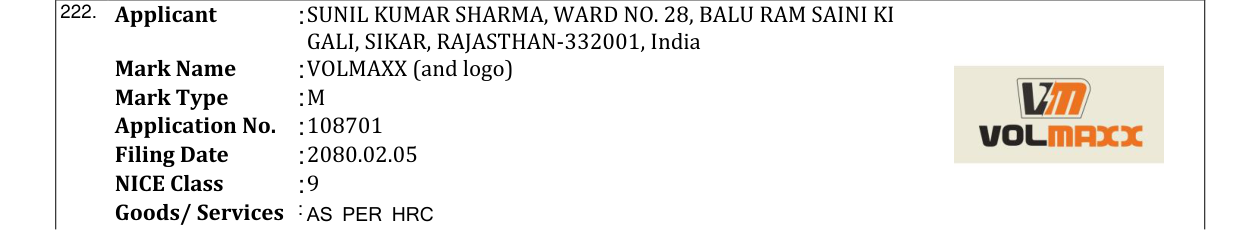Original bulletin entry for VOLMAXX (and logo)