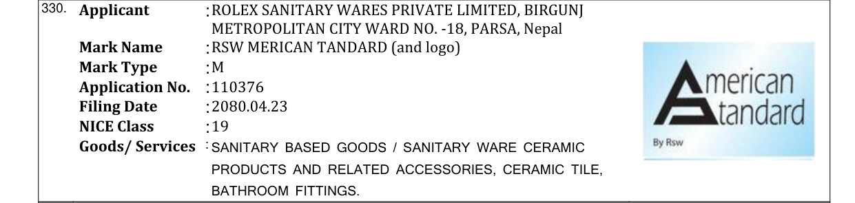 Original bulletin entry for RSW MERICAN TANDARD (and logo)