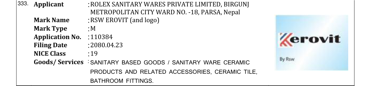 Original bulletin entry for RSW EROVIT (and logo)